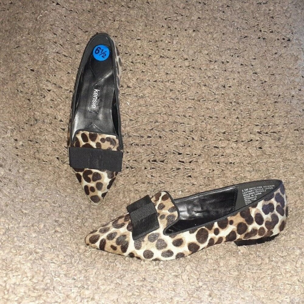 KENSIE-Leopard Pattern Calf Hair Ballet Flats-Ribbon Bow-Sz 6.5-Near Mint